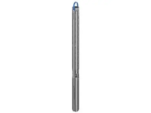 Grundfos Brunnenpumpe mit länglicher Bauform und blauer Ringbefestigung, geeignet für den Einsatz unter Wasser. Das Gehäuse ist aus Metall gefertigt.